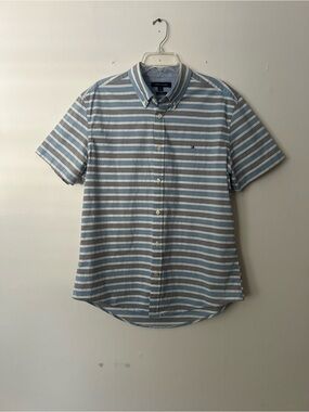 Tommy Hilfiger Blue/white/gray preppy Striped Short-Sleeve Mens Button Shirt, L